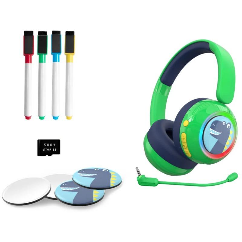 WatchOut Galaxy Kids Headphone with Safe Sound as Per WHO, Free Learning Audio Stories, DIY Magnets, Bluetooth + Wired, Mic for School and Travel (Green Dino)