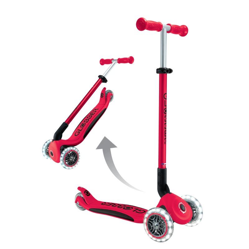 Globber Elite Lights Foldable Kids 3 Wheel Scooter with LED Lights Red