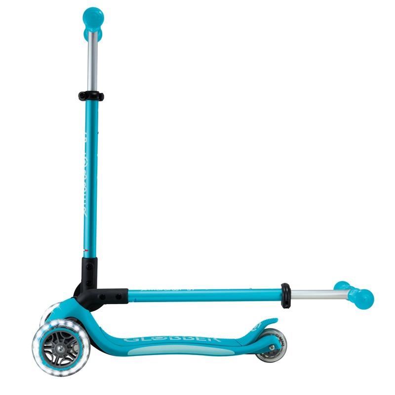 Globber Elite Lights Kids 3-Wheel Foldable Scooter with LED Lights Aqua Blue