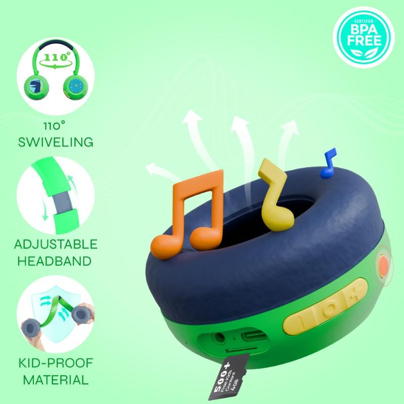 WatchOut Galaxy Kids Headphone with Safe Sound as Per WHO, Free Learning Audio Stories, DIY Magnets, Bluetooth + Wired, Mic for School and Travel (Green Dino)