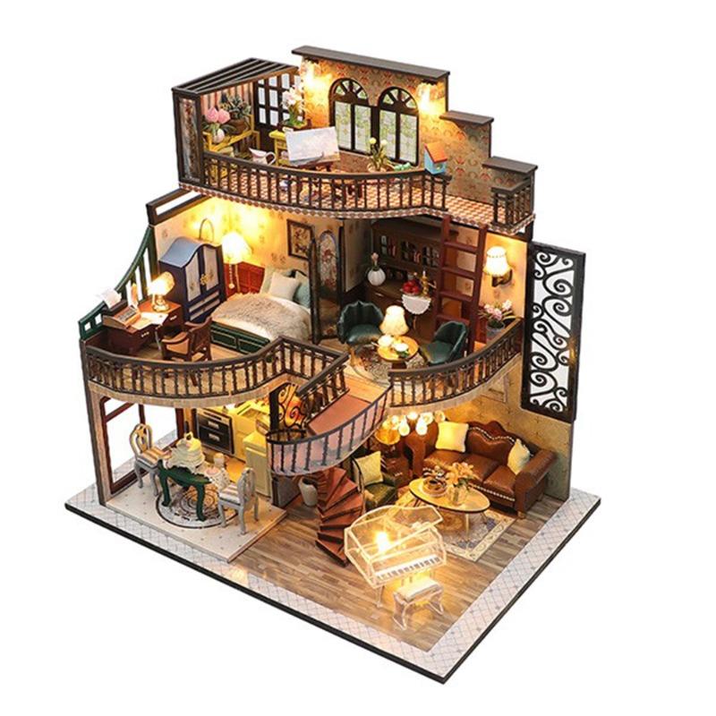 3D Wooden Miniature Dollhouse Kit with Furniture and LED Lights