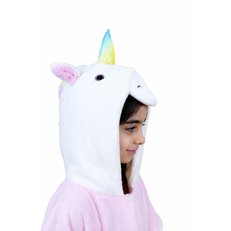 Kids Unicorn Hooded Microfiber Poncho Pink