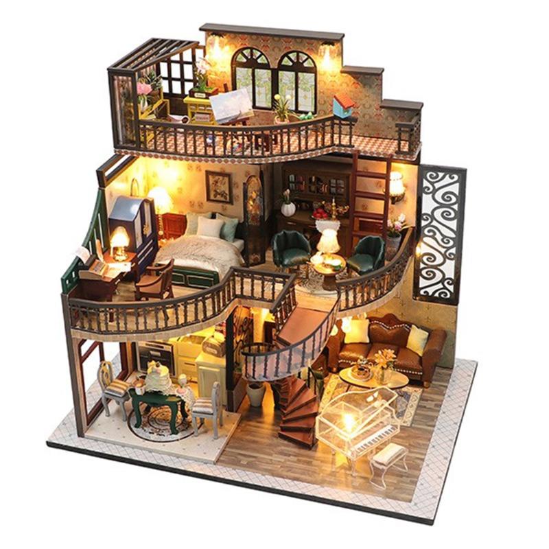 3D Wooden Miniature Dollhouse Kit with Furniture and LED Lights