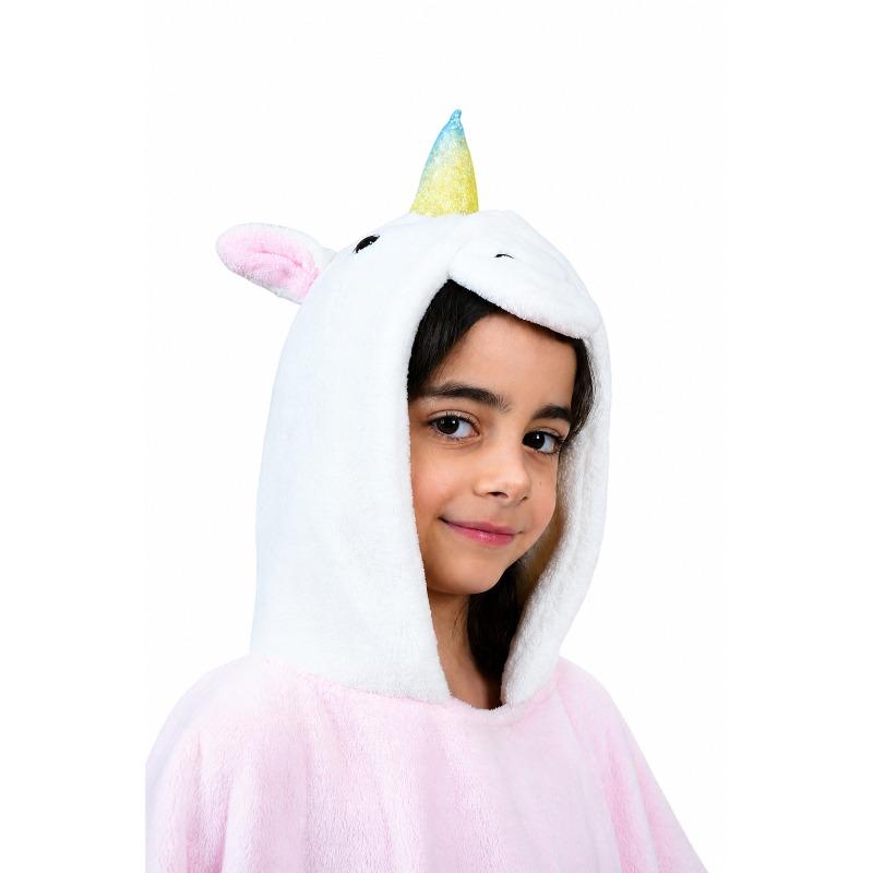 Kids Unicorn Hooded Microfiber Poncho Pink