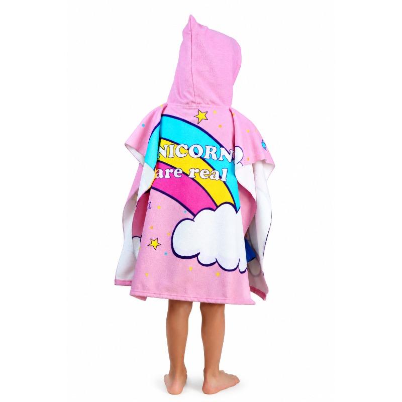 Kids Hooded Microfiber Poncho Pink Unicorn