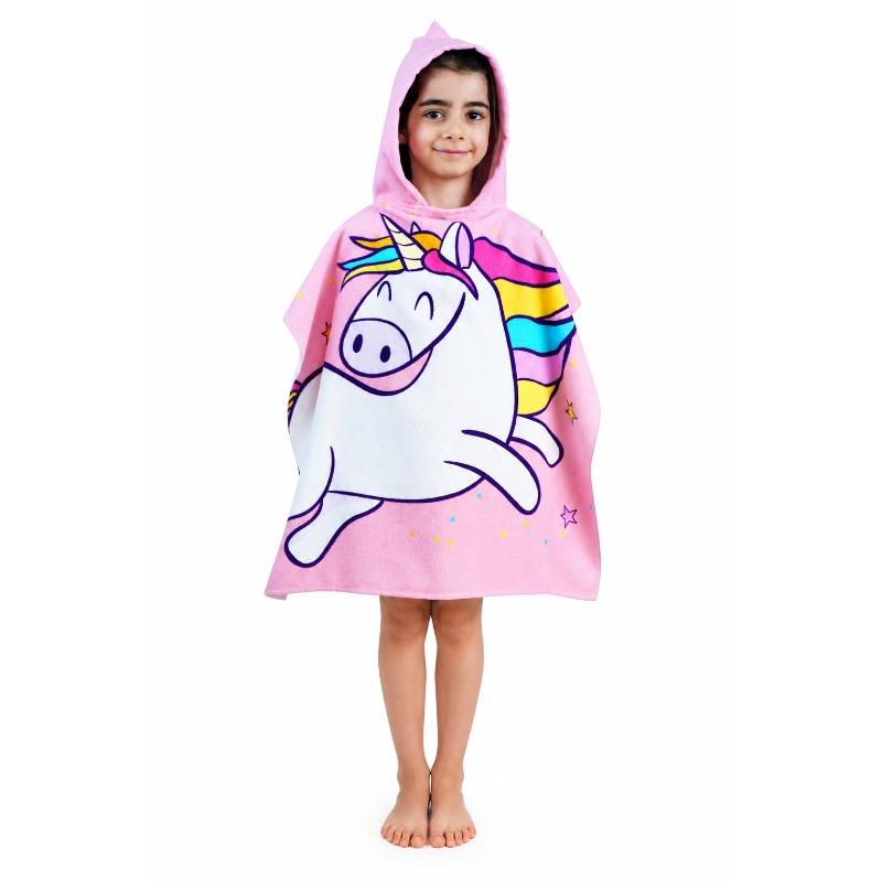Kids Hooded Microfiber Poncho Pink Unicorn
