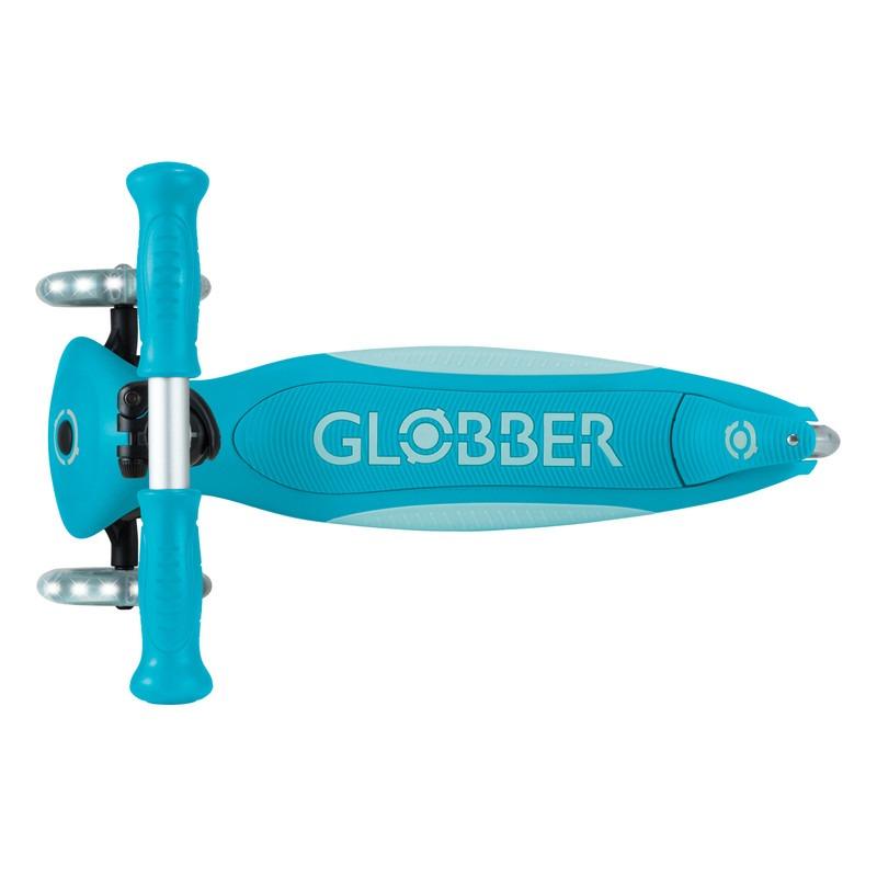 Globber Elite Lights Kids 3-Wheel Foldable Scooter with LED Lights Aqua Blue