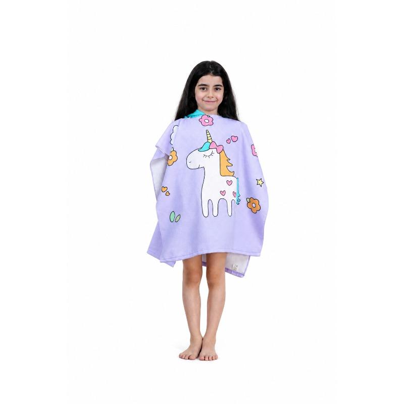 Kids Hooded Microfiber Poncho Purple Unicorn
