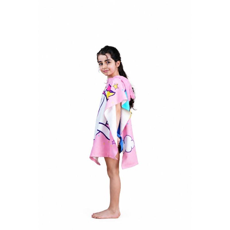 Kids Hooded Microfiber Poncho Pink Unicorn