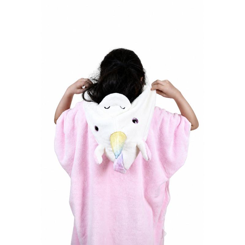 Kids Unicorn Hooded Microfiber Poncho Pink