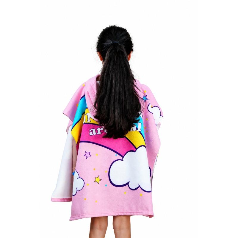 Kids Hooded Microfiber Poncho Pink Unicorn