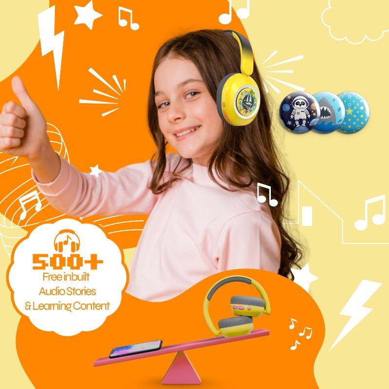 WatchOut Galaxy Kids Headphone with Safe Sound as Per WHO, Free Learning Audio Stories, DIY Magnets, Bluetooth + Wired, Mic for School and Travel (Hello Yellow)