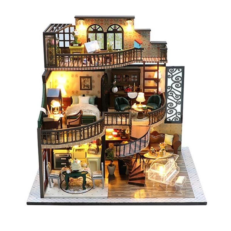 3D Wooden Miniature Dollhouse Kit with Furniture and LED Lights