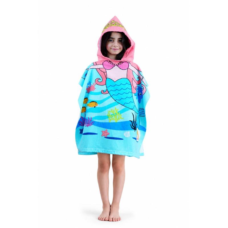 Kids Hooded Microfiber Poncho Sea Mermaid Blue