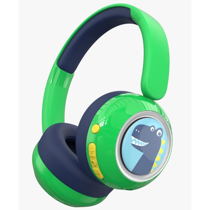 WatchOut Galaxy Kids Headphone with Safe Sound as Per WHO, Free Learning Audio Stories, DIY Magnets, Bluetooth + Wired, Mic for School and Travel (Green Dino)