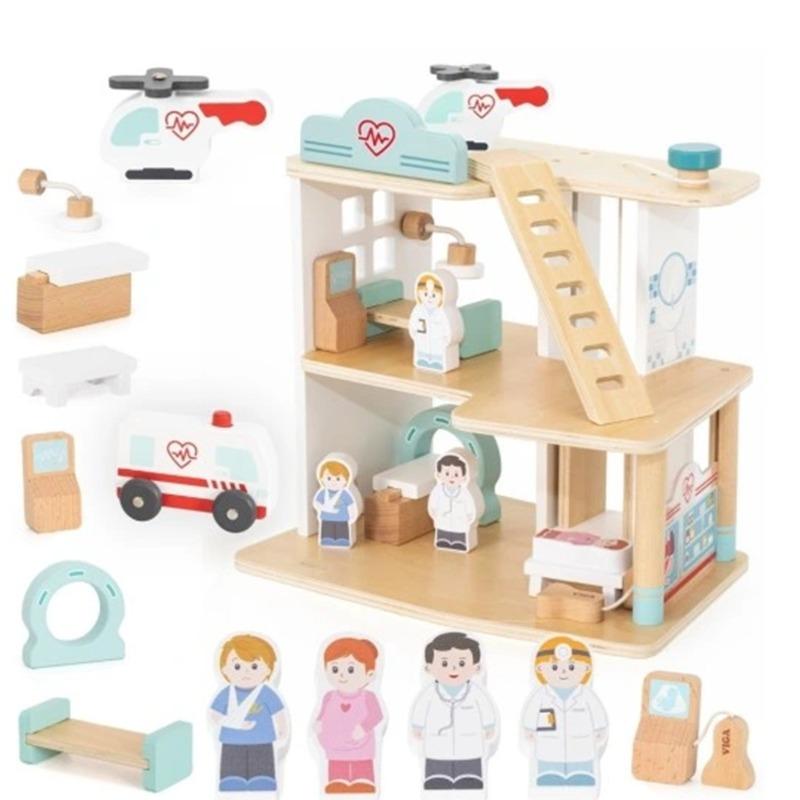 Viga Wooden Hospital Set with Ambulance Lift - 15 Pieces