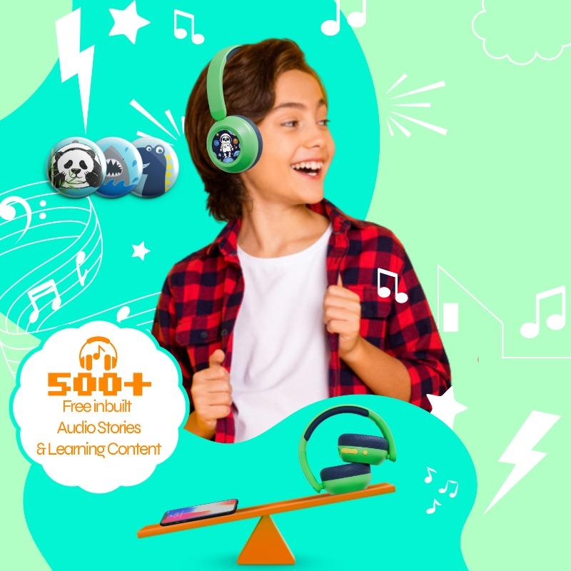WatchOut Galaxy Kids Headphone with Safe Sound as Per WHO, Free Learning Audio Stories, DIY Magnets, Bluetooth + Wired, Mic for School and Travel (Green Dino)