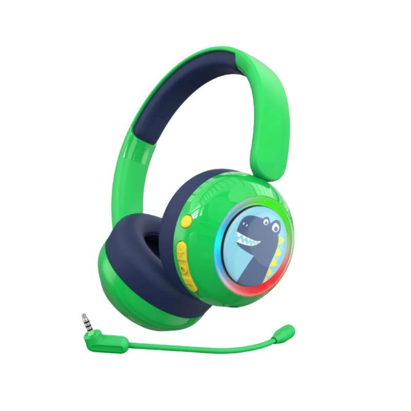 WatchOut Galaxy Kids Headphone with Safe Sound as Per WHO, Free Learning Audio Stories, DIY Magnets, Bluetooth + Wired, Mic for School and Travel (Green Dino)