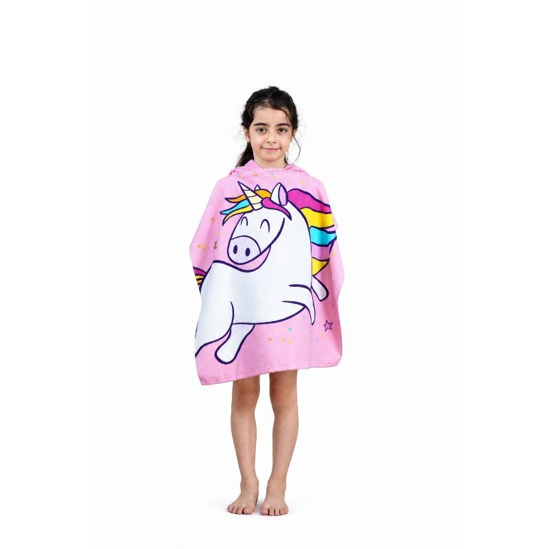 Kids Hooded Microfiber Poncho Pink Unicorn