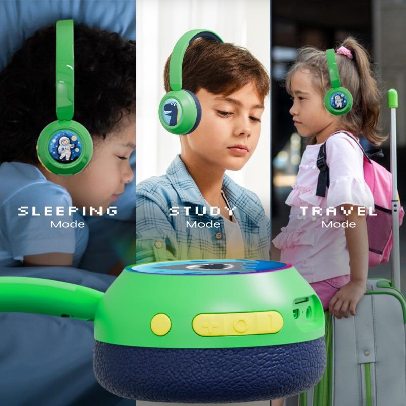 WatchOut Galaxy Kids Headphone with Safe Sound as Per WHO, Free Learning Audio Stories, DIY Magnets, Bluetooth + Wired, Mic for School and Travel (Green Dino)