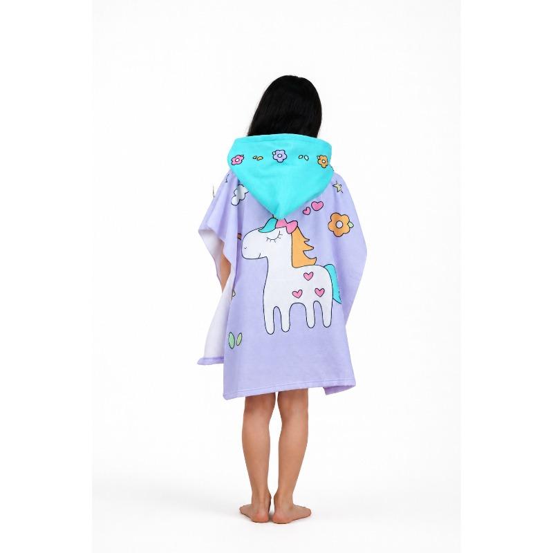 Kids Hooded Microfiber Poncho Purple Unicorn