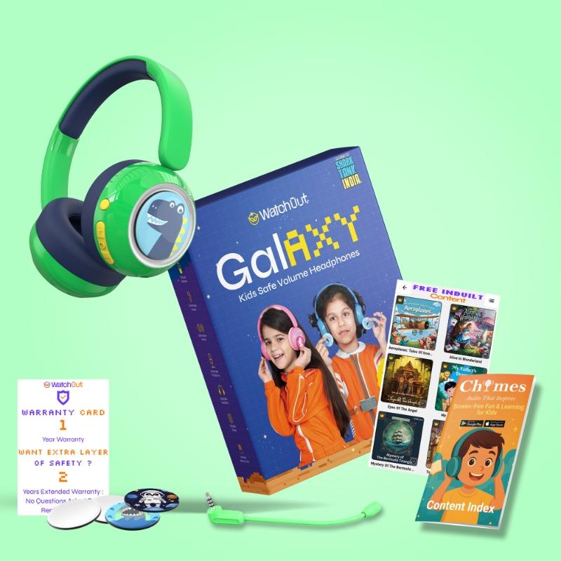 WatchOut Galaxy Kids Headphone with Safe Sound as Per WHO, Free Learning Audio Stories, DIY Magnets, Bluetooth + Wired, Mic for School and Travel (Green Dino)