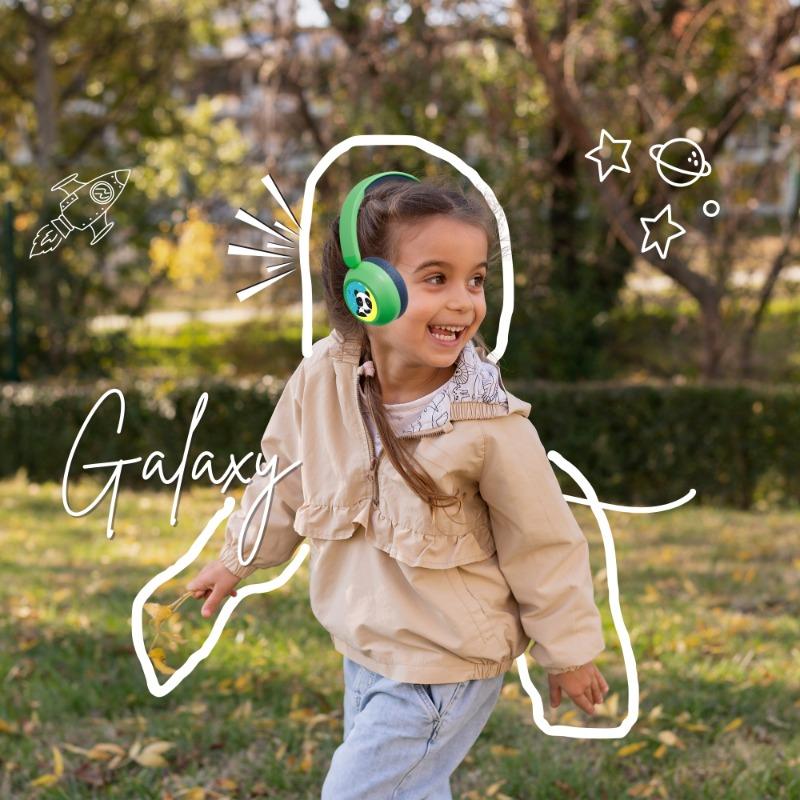 WatchOut Galaxy Kids Headphone with Safe Sound as Per WHO, Free Learning Audio Stories, DIY Magnets, Bluetooth + Wired, Mic for School and Travel (Green Dino)